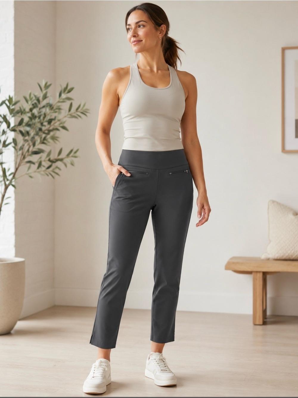 Athleta Gray Pull On Ankle Pants Zip Pocket Womenโs Size MP